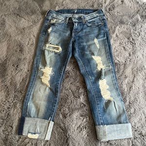 7 for all Mankind: Denim Cropped Ripped Jeans